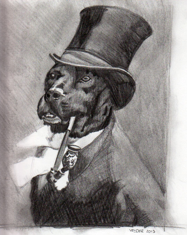 Drawing of a dog in a top hat and coat