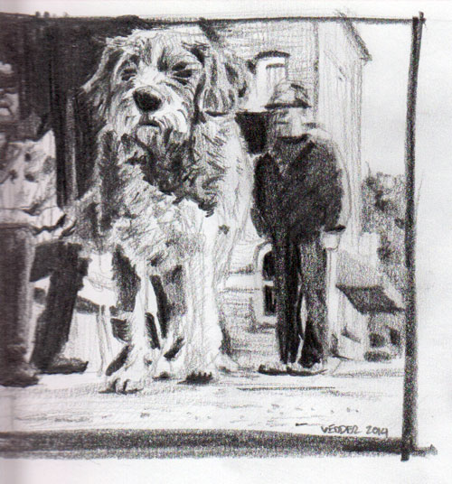 Drawing of a dog at a festival